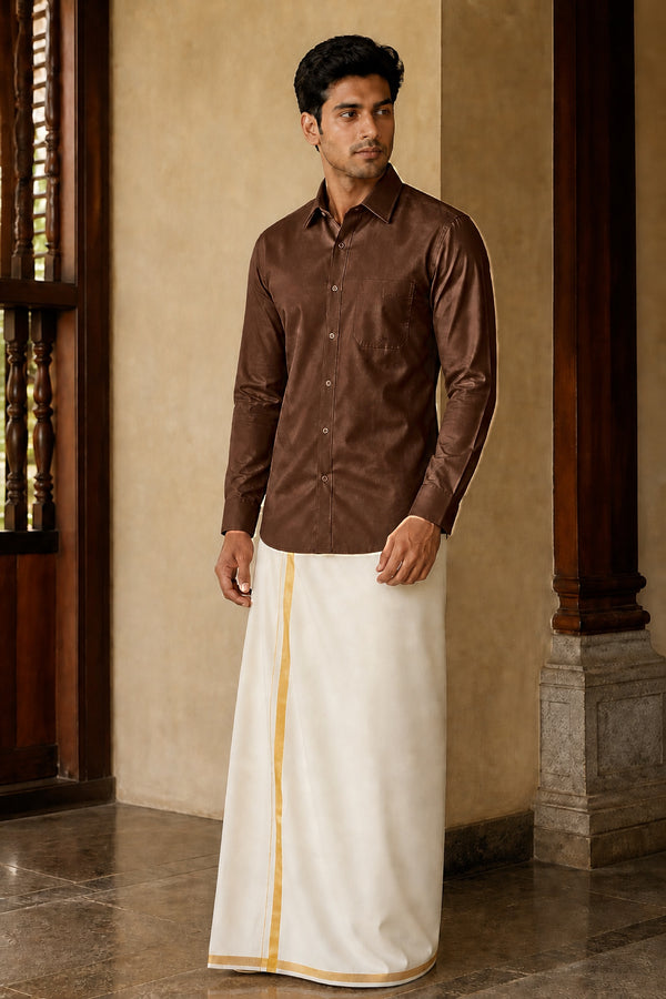 Tattva Shirt - Slim Fit in Brown, polyester silk, full length front view on model