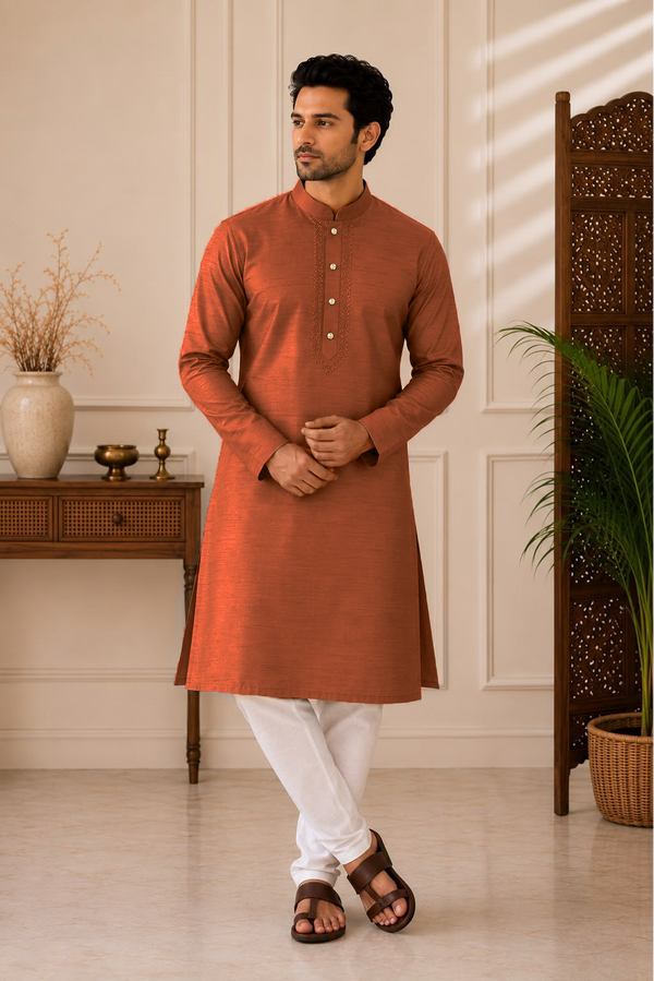 Silk Line Kurta - Regular Fit - Burnt Sienna