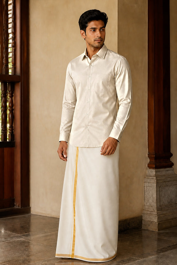 Tattva Shirt - Slim Fit in Stone, polyester silk, full length front view on model