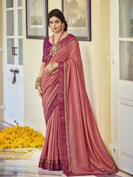 Dusty Rose Silk Saree with Traditional Woven Border