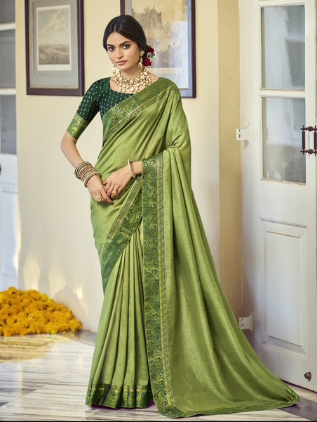 Olive Green Silk Saree with Traditional Woven Border