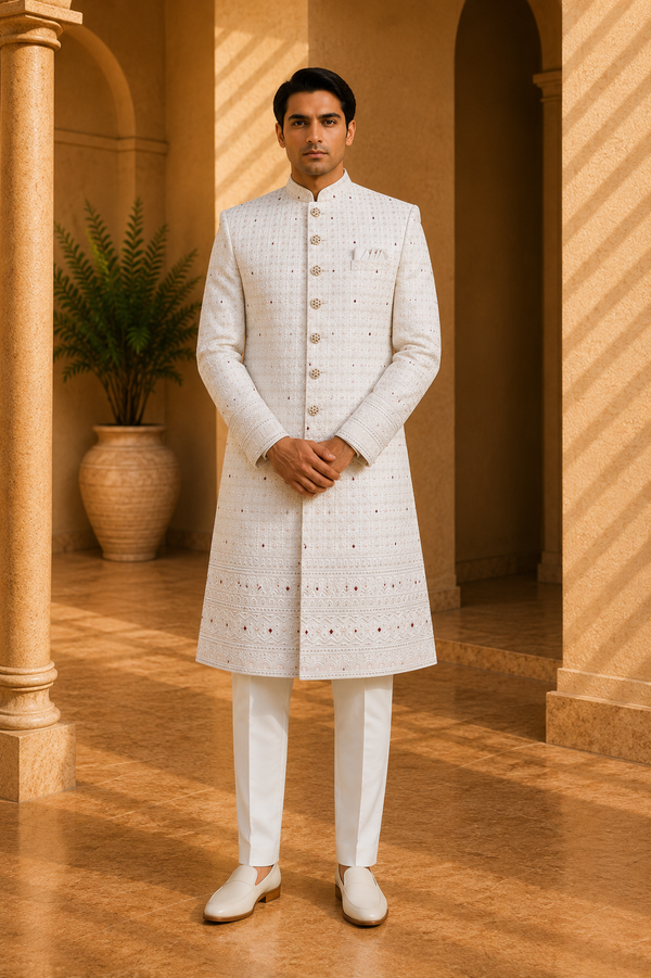 Ivory Embroidered Sherwani with Pearl Work for Groom, front view on model