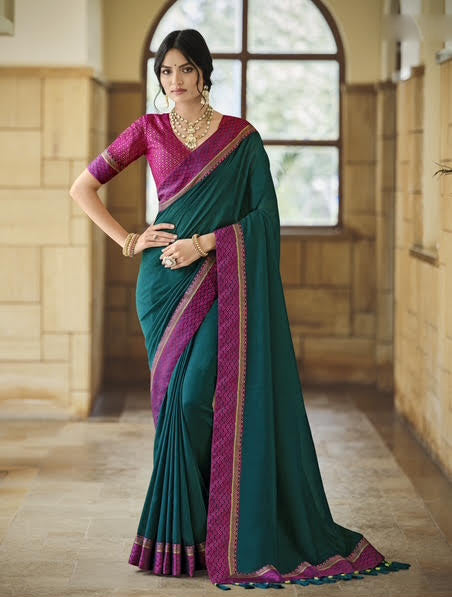 Teal Green Silk Saree with Magenta Brocade Blouse