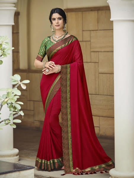 Elegant Red Silk Saree with Green Brocade Blouse & Traditional Woven Border