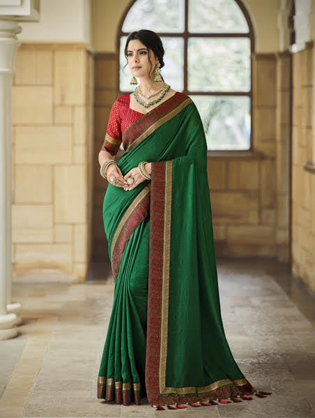 Emerald Green Silk Saree with Red Brocade Blouse &amp; Gold Border