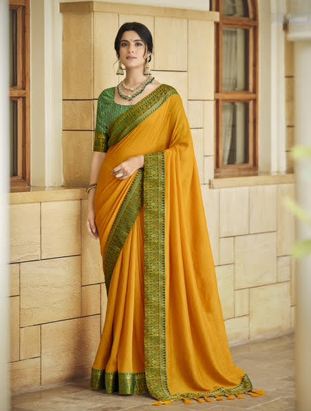 Mustard Yellow Silk Saree with Green Woven Border & Matching Blouse