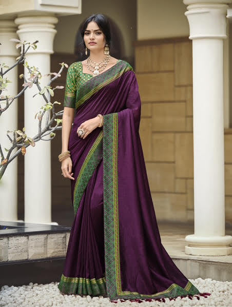 Royal Purple Silk Saree with Green Woven Border &amp; Designer Blouse