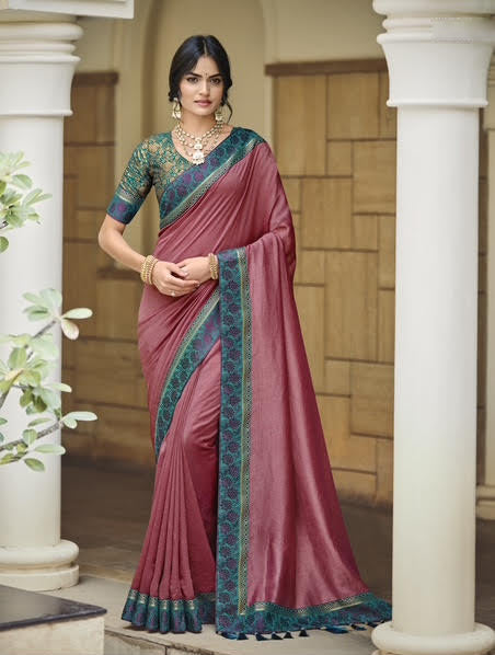Dusty Rose Silk Saree with Teal Woven Border & Designer Blouse
