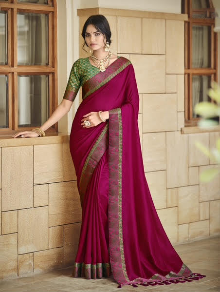 Wine Purple Silk Saree with Antique Gold Border and Green Designer Blouse