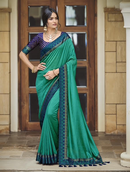 Emerald Green Silk Saree with Navy Blue Woven Border and Designer Blouse