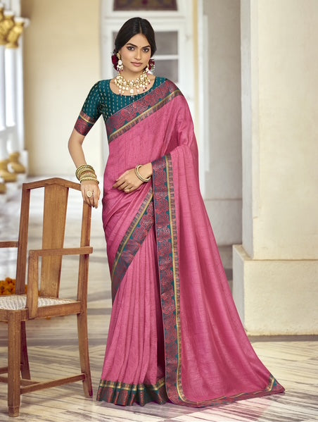 Rose Pink Silk Saree with Traditional Teal Border