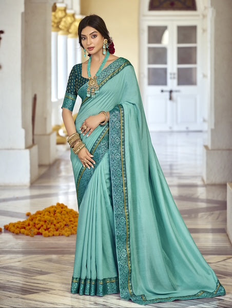 Sea Green Silk Saree with Elegant Teal Border