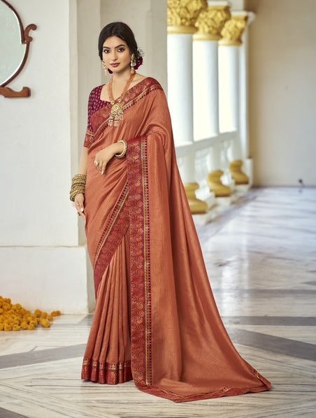 Copper Silk Saree with Rich Maroon Border
