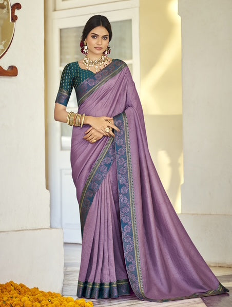 Lavender Purple Silk Saree with Elegant Teal Border