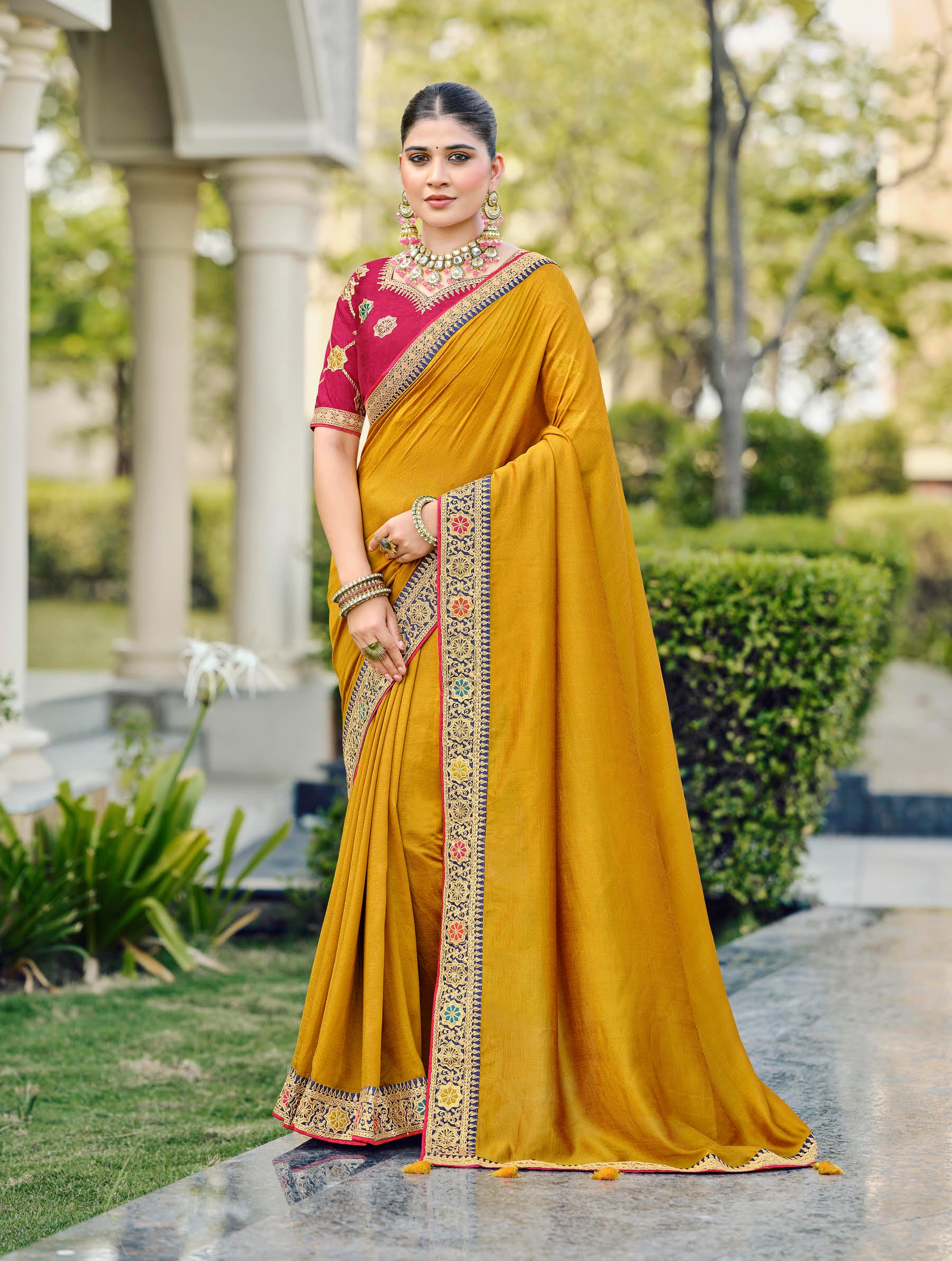 Mustard Yellow Silk Saree with Multicolor Zari Border