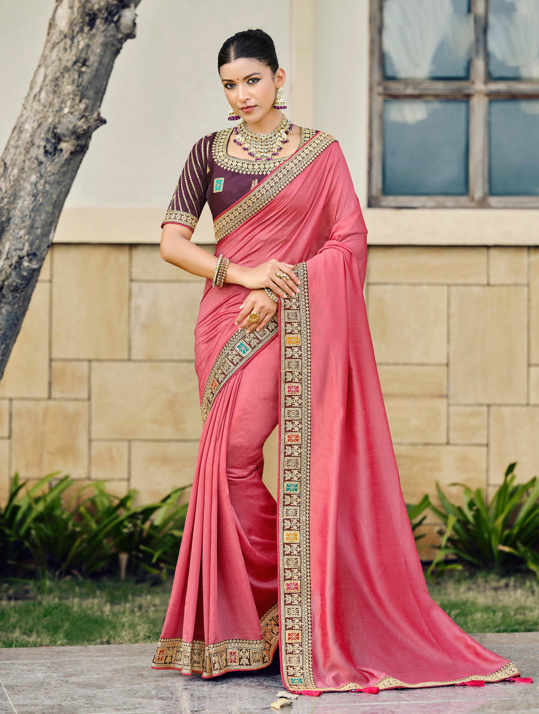 Rose Pink Silk Saree with Multicolor Zari Border