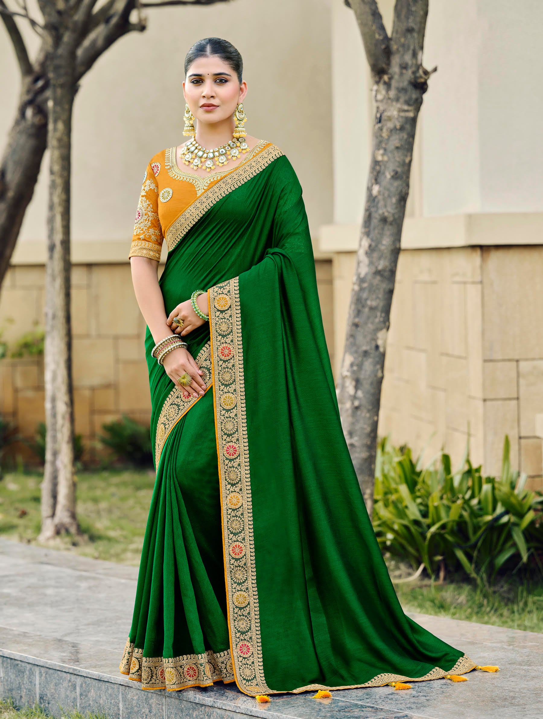 Emerald Green Silk Saree with Multicolor Zari Border