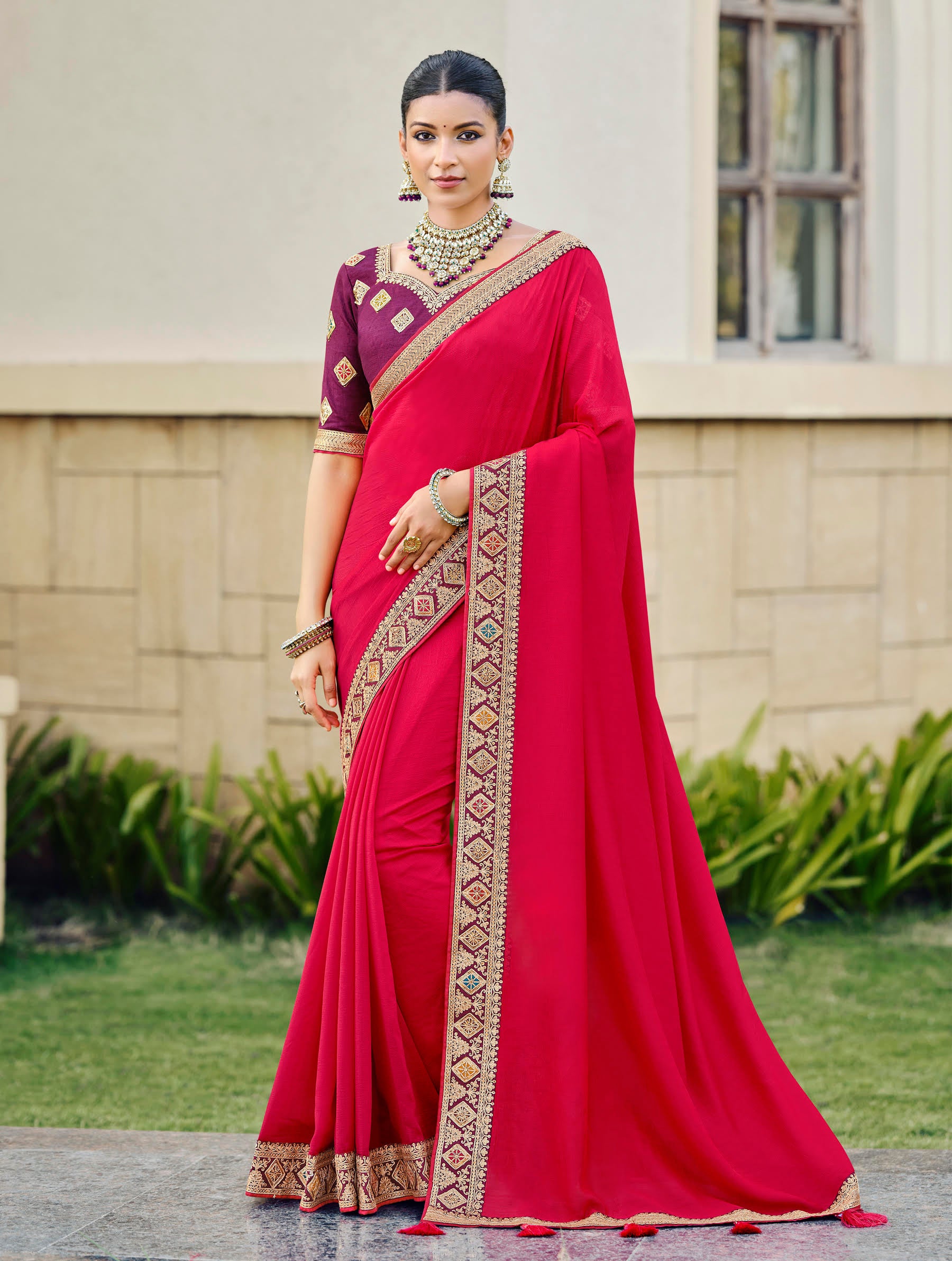 Crimson Red Silk Saree with Embroidered Border