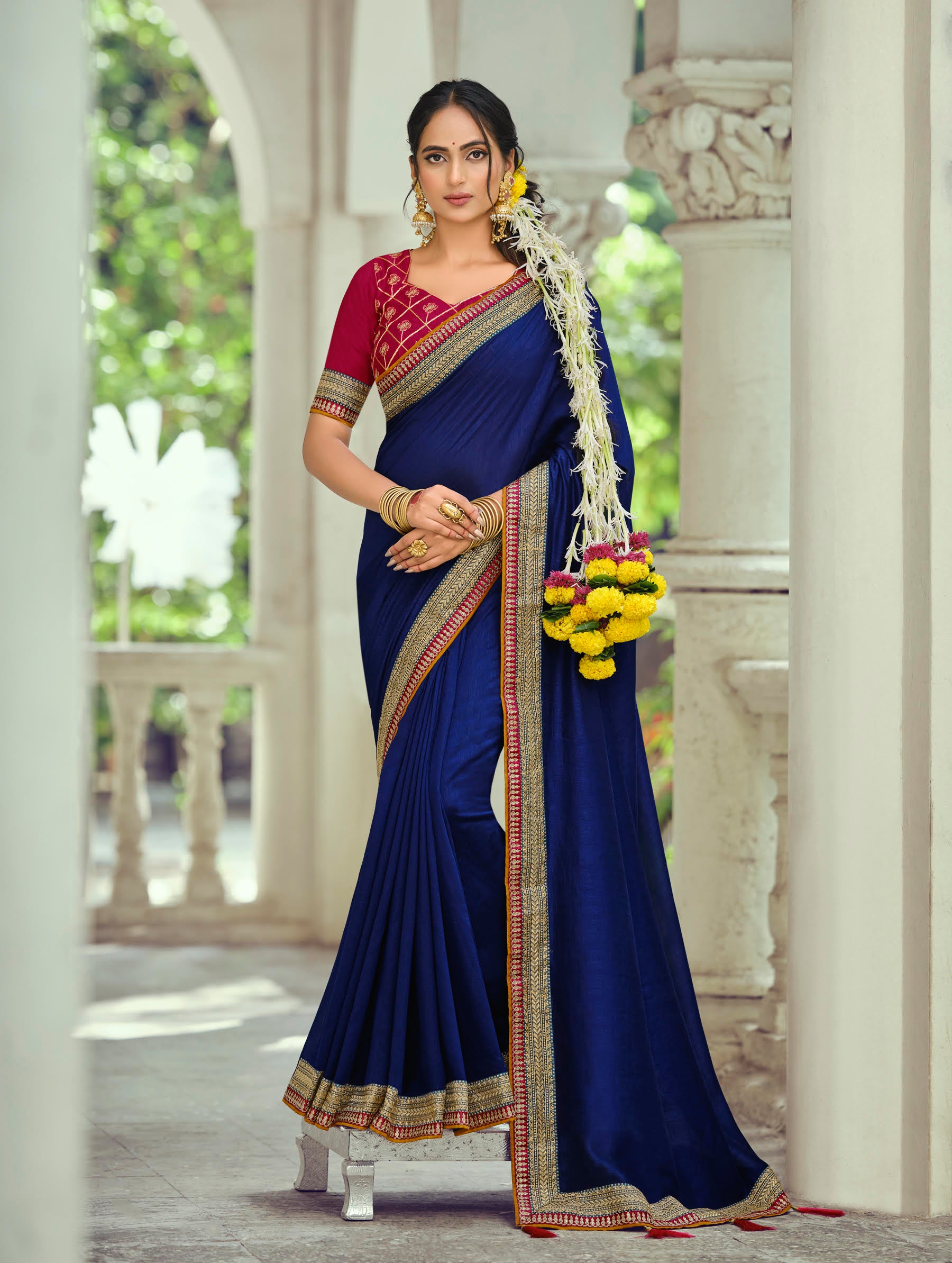Royal Blue Silk Saree with Gold Zari Border