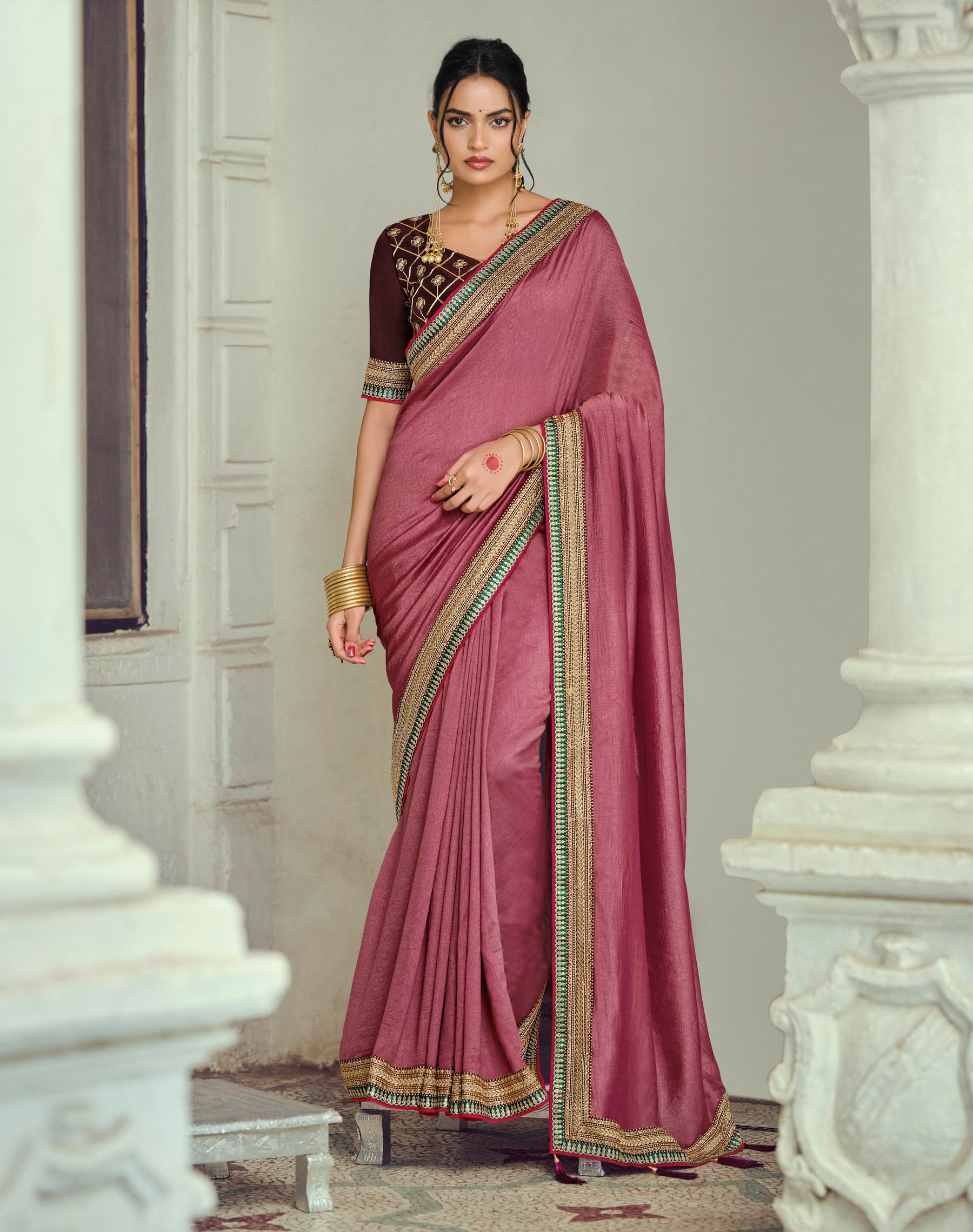 Dusty Rose Silk Saree with Gold Zari Border