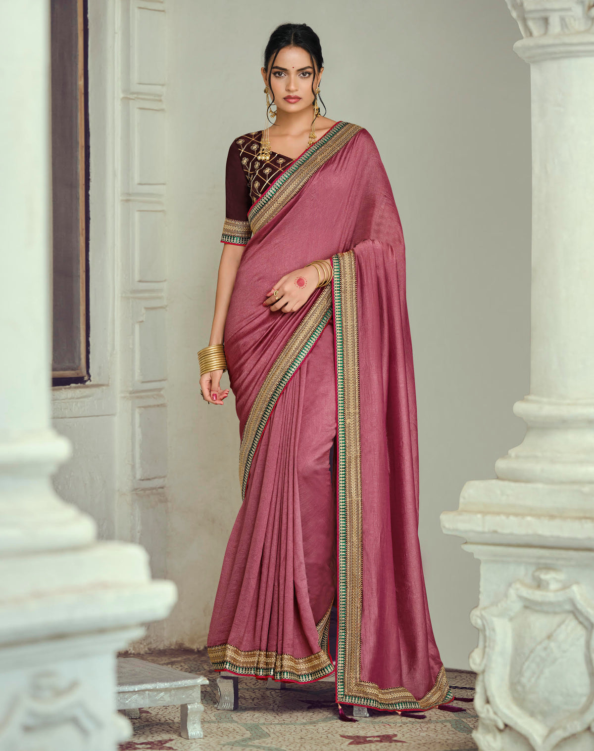 Dusty Rose Silk Saree with Gold Zari Border