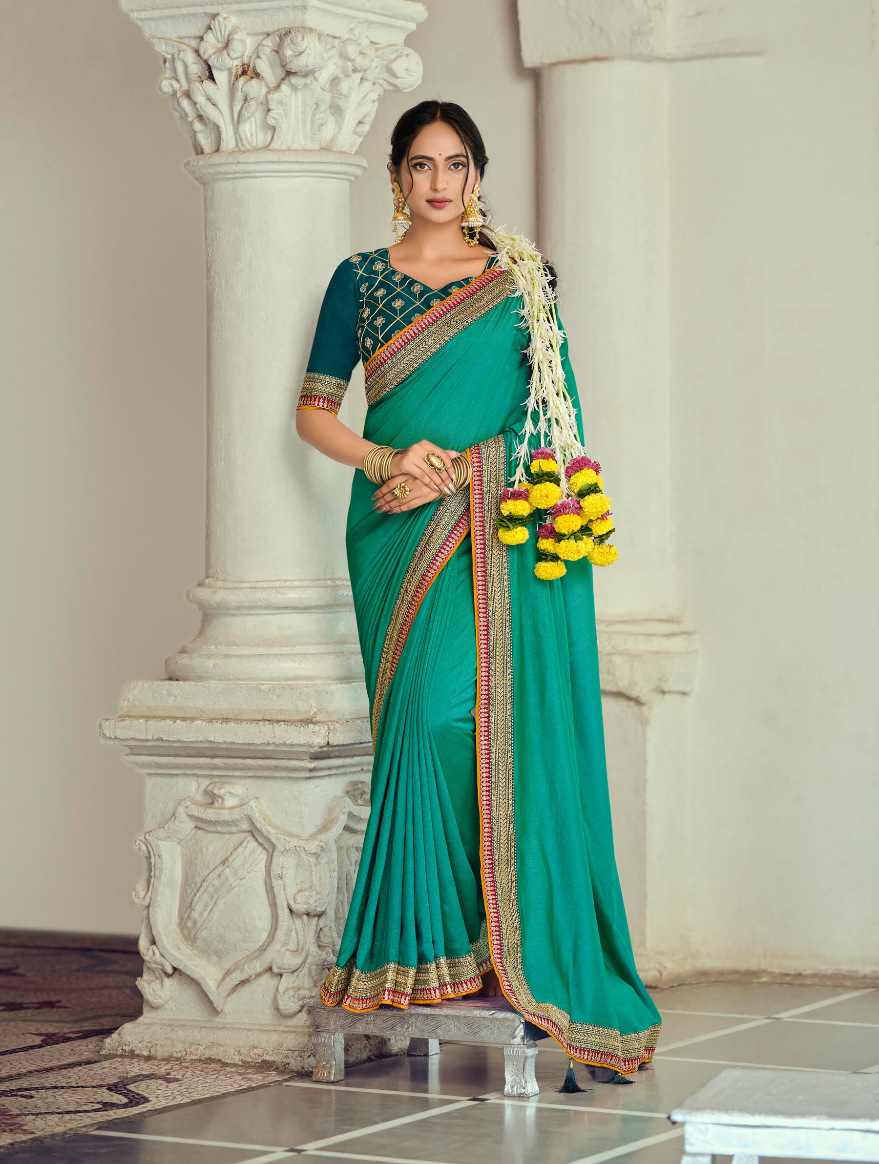 Teal Green Silk Saree with Gold Zari Border