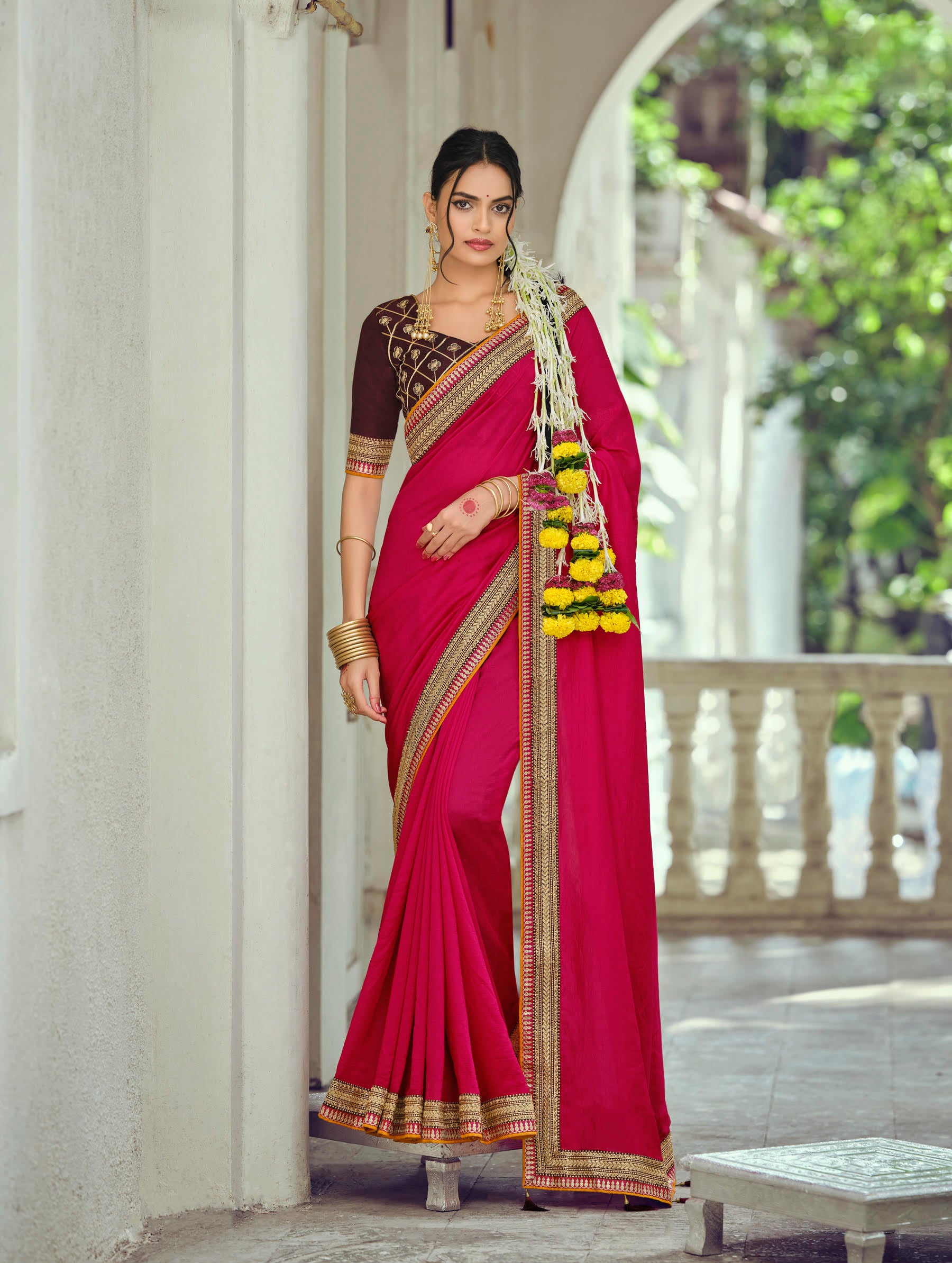 Rani Pink Silk Saree with Gold Zari Border