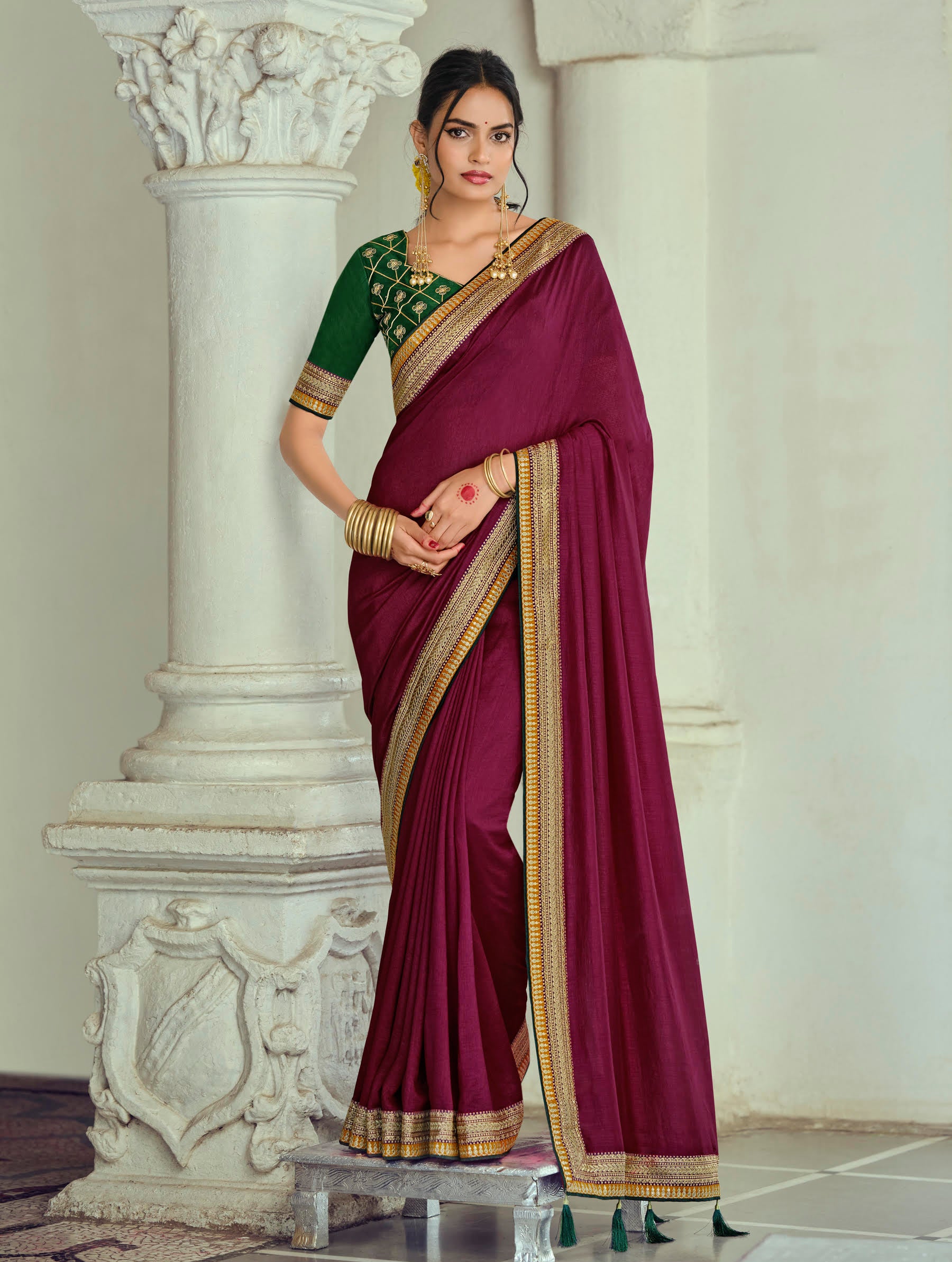 Wine Purple Silk Saree with Gold Zari Border
