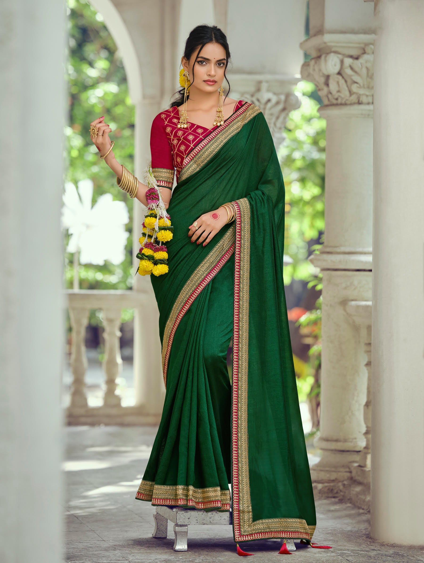 Emerald Green Silk Saree with Gold Zari Border