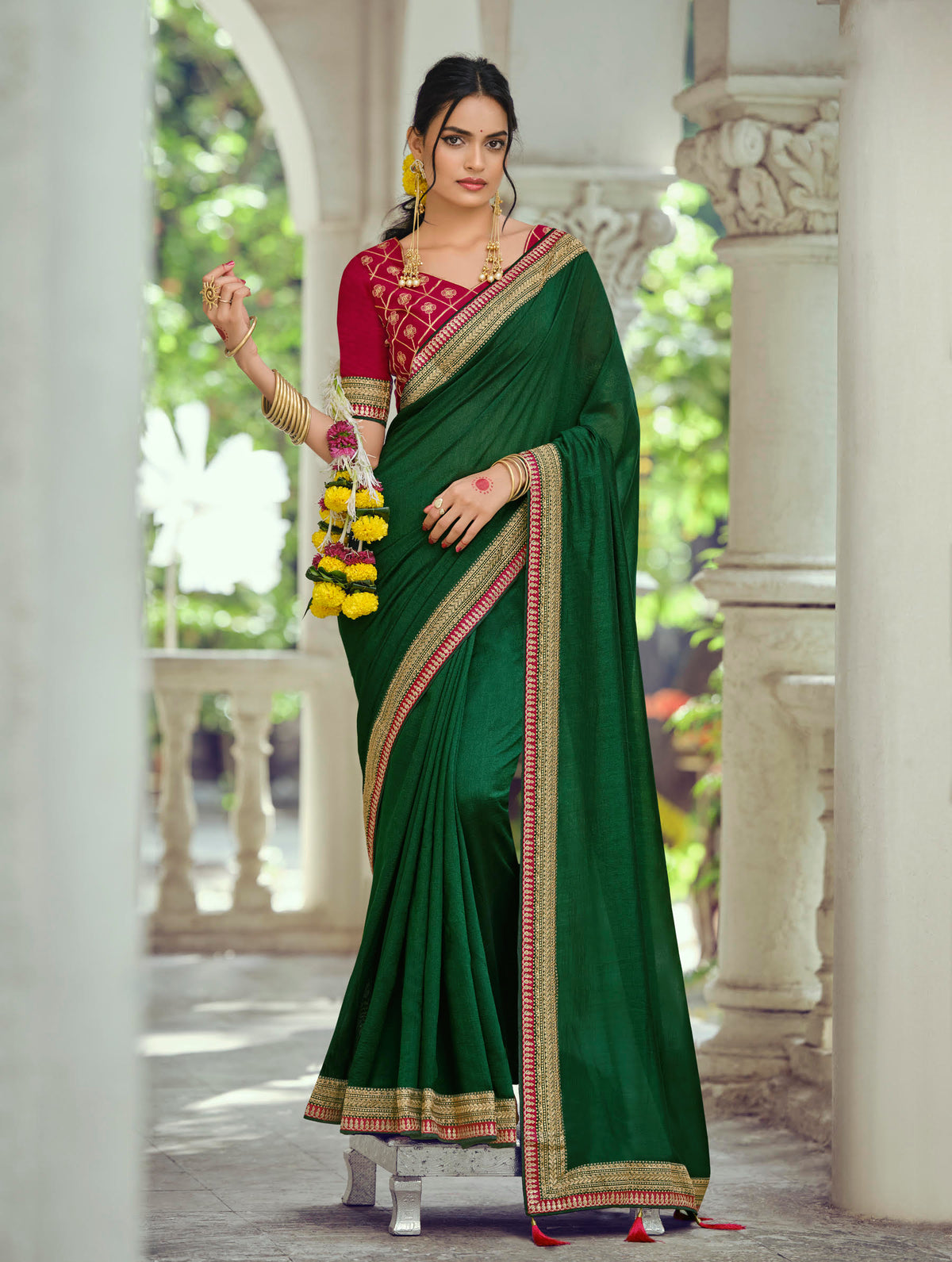 Emerald Green Silk Saree with Gold Zari Border