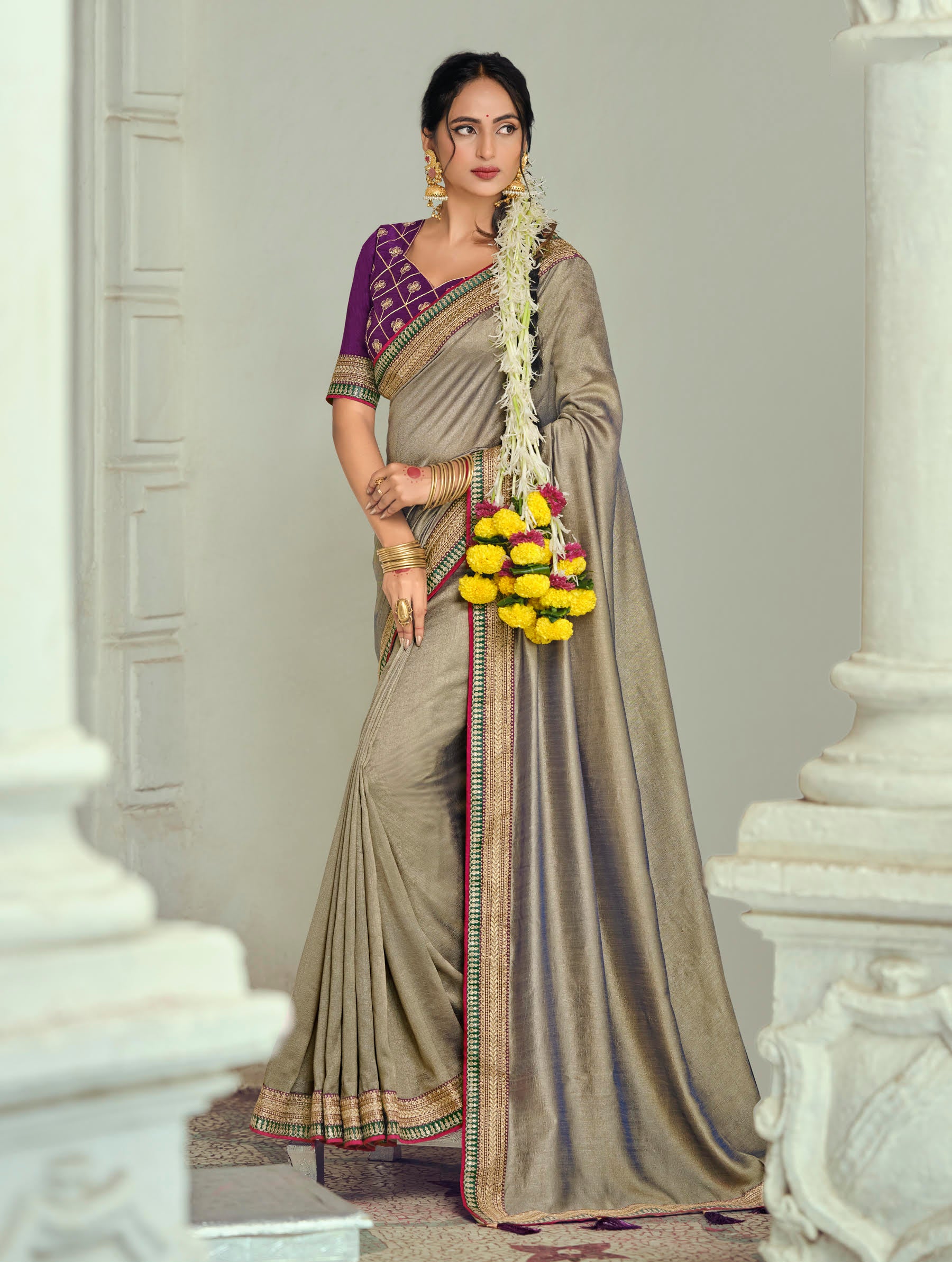 Elegant Beige-Gold Silk Saree with Purple Blouse
