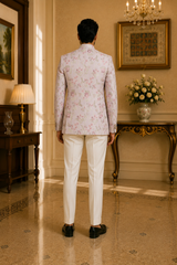 Pastel Pink Floral Brocade Indo-Western Jacket for Men, back view on model