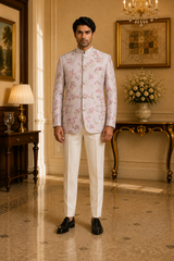 Pastel Pink Floral Brocade Indo-Western Jacket for Men, front view on model