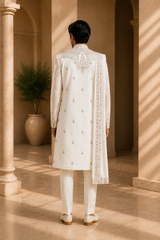 Cream White Embroidered Indo-Western Sherwani with Dupatta for Men, back view on model