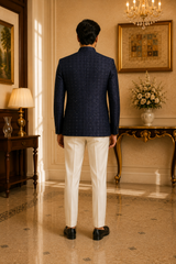 Navy Blue Velvet Sequin Nehru Jacket for Men, back view on model