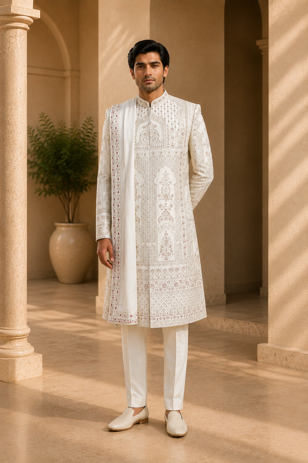 Cream White Embroidered Indo-Western Sherwani with Dupatta for Men, front view on model