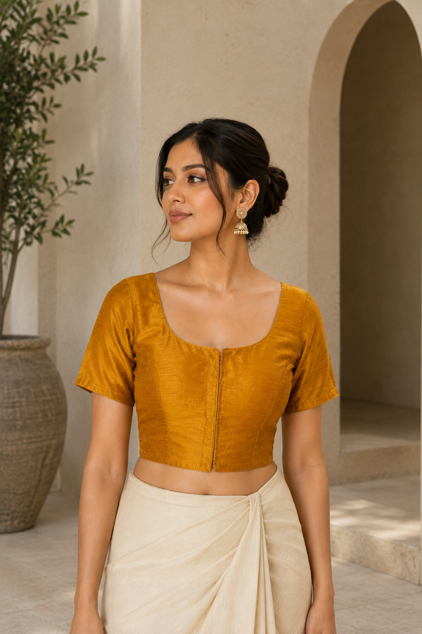 Mustard Gold Silk Square Neck Blouse Puff Sleeve Saree Choli, front view on model