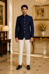 Navy Blue Velvet Sequin Nehru Jacket for Men, front view on model