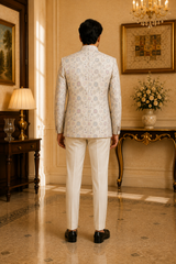 Ivory Pastel Geometric Nehru Jacket for Men, back view on model