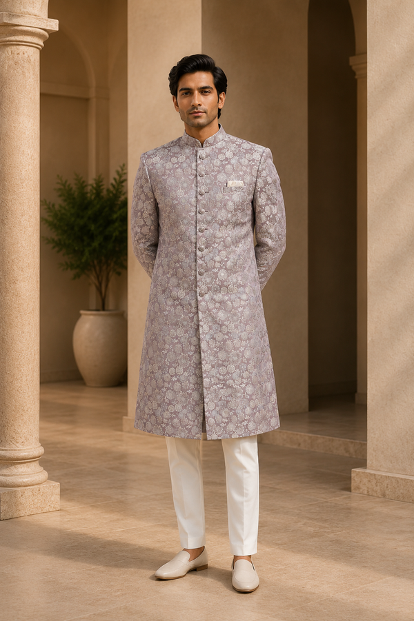 Elegant Floral Jacquard Sherwani for Men – Pastel Pink Wedding & Festive Wear, front view on model