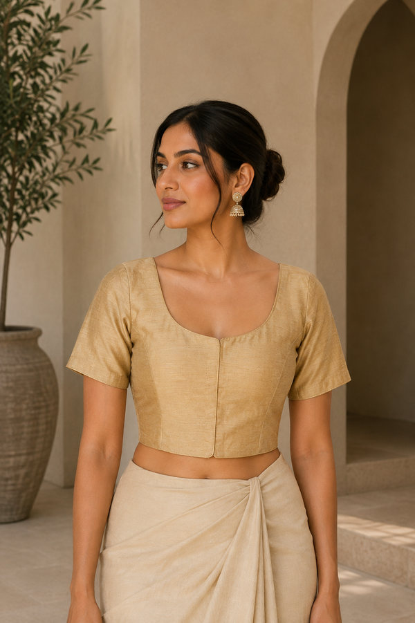 Gold Silk Square Neck Blouse Puff Sleeve Saree Choli, front view on model