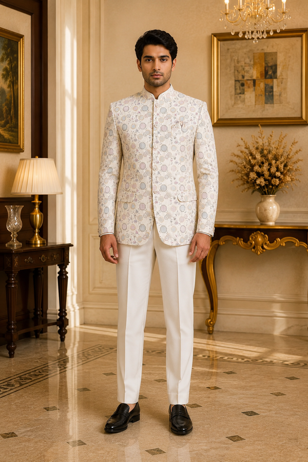 Ivory Pastel Geometric Nehru Jacket for Men, front view on model
