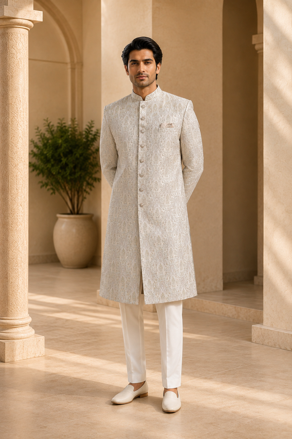 Ivory Cream Paisley Brocade Sherwani for Men, front view on model