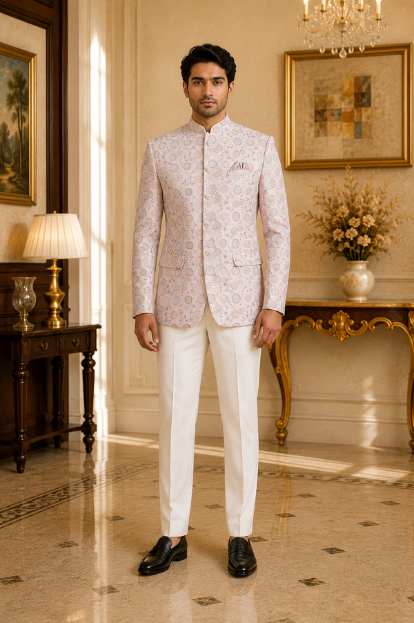 Pastel Pink Geometric Nehru Jacket for Men, front view on model
