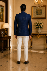 Blue Velvet Sequin Nehru Jacket for Men, back view on model