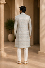 Silver Blue Paisley Brocade Sherwani for Men Premium Asian Wedding Groom Sherwani, back view on model