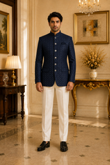 Blue Velvet Sequin Nehru Jacket for Men, front view on model