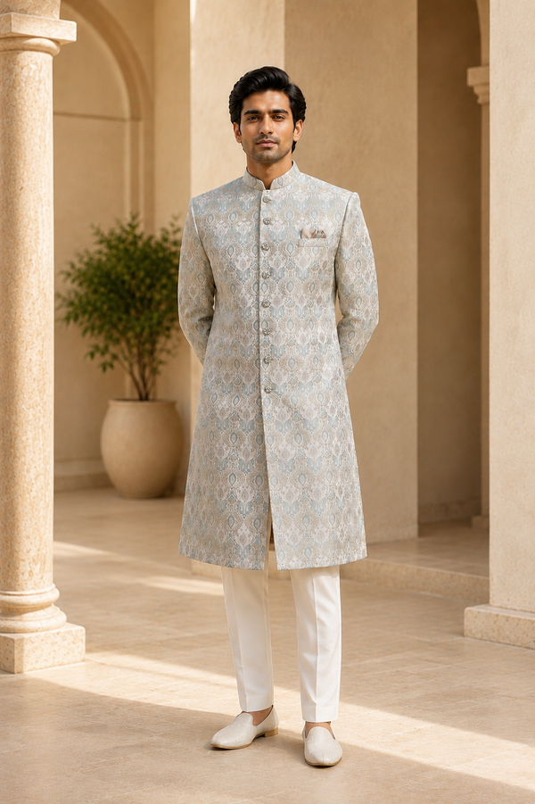Silver Blue Paisley Brocade Sherwani for Men Premium Asian Wedding Groom Sherwani, front view on model