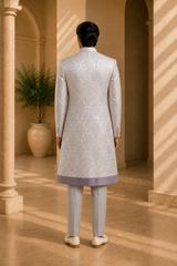 Silver Grey Embroidered Sherwani with Purple Accents for Men, back view on model