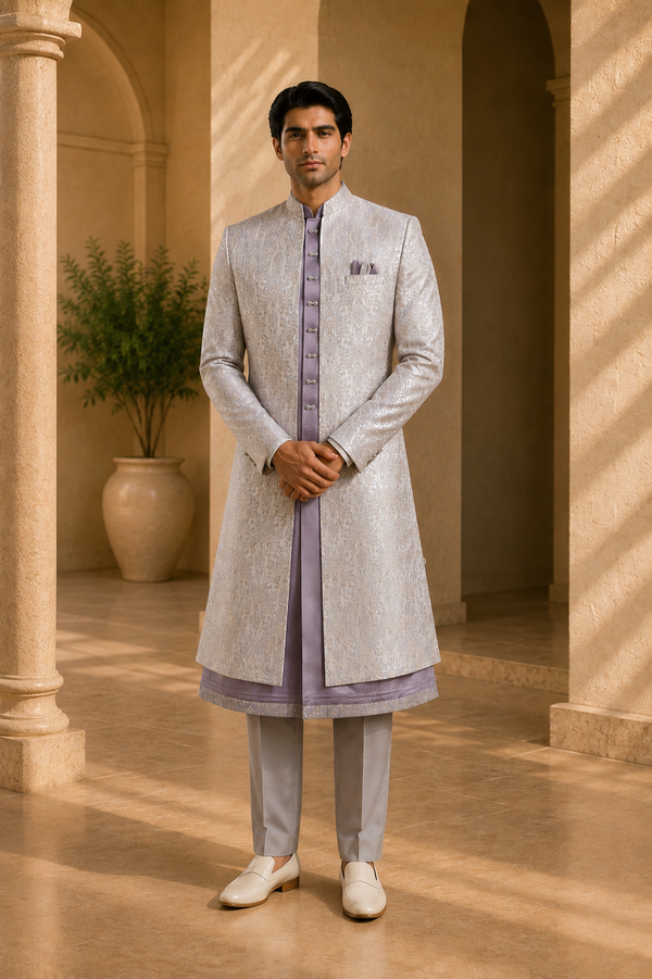 Silver Grey Embroidered Sherwani with Purple Accents for Men, front view on model